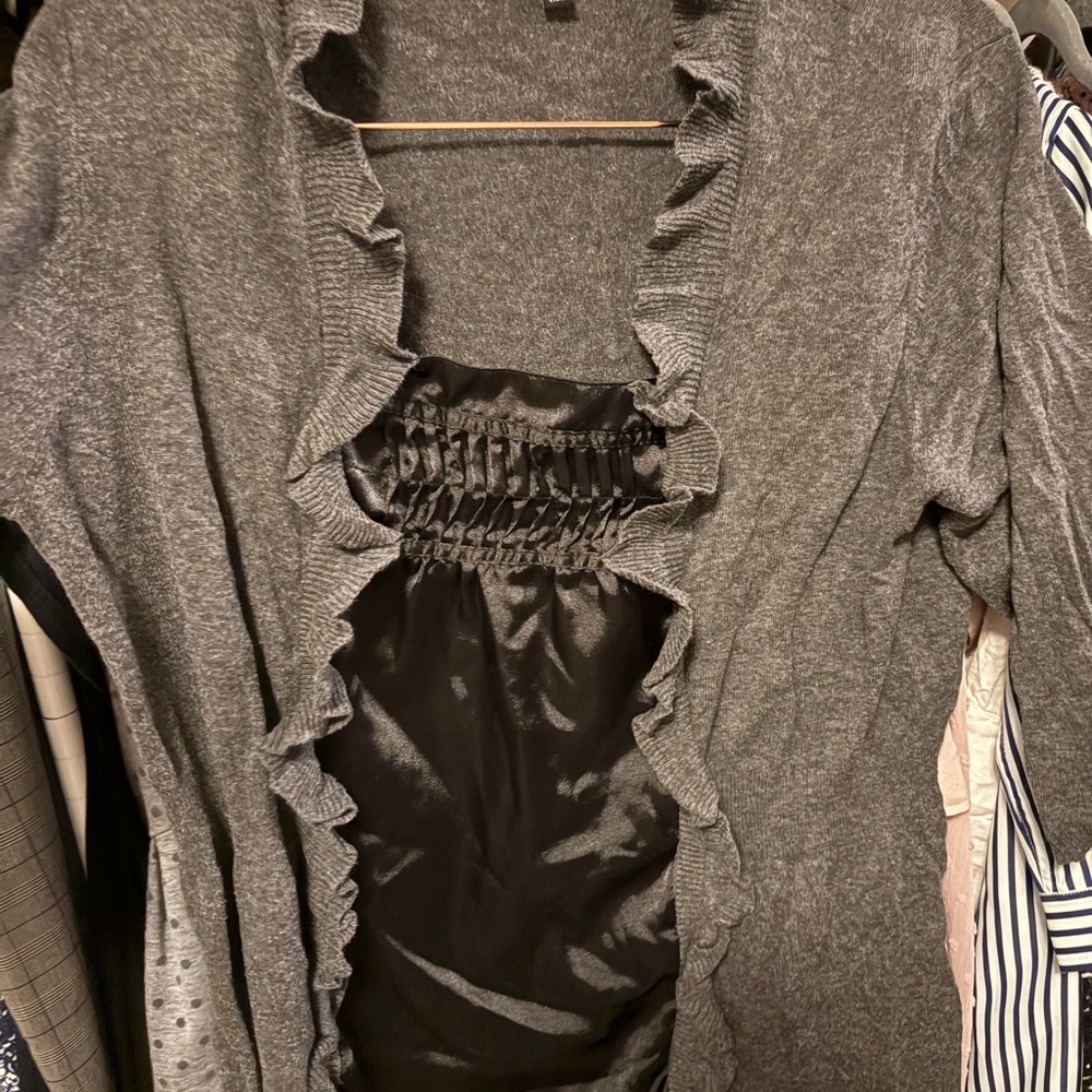 Gray Ruffled Cardigan with Black Satin Detail